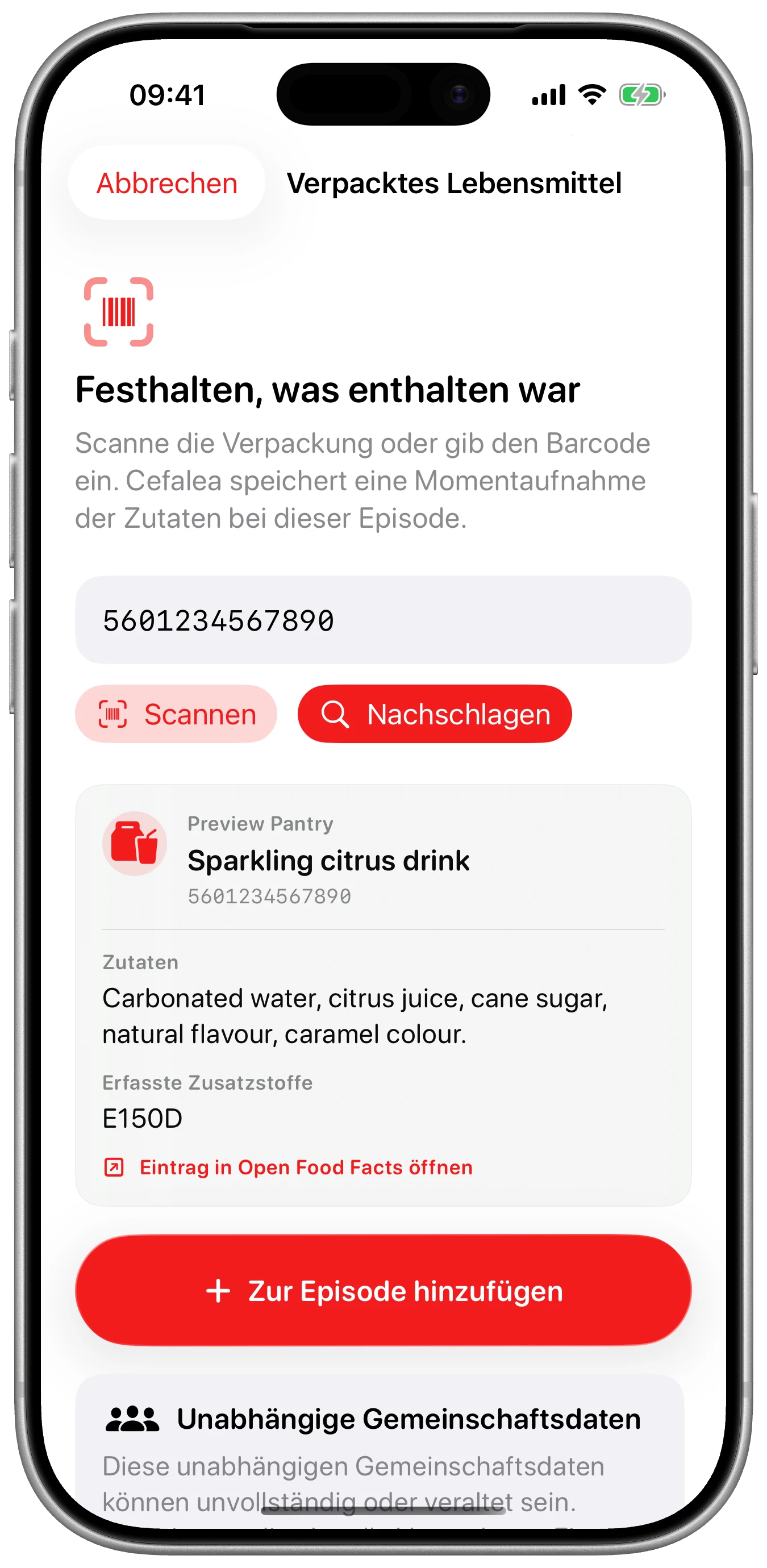 Zutaten mit der Episode gespeichert in Cefalea für iPhone