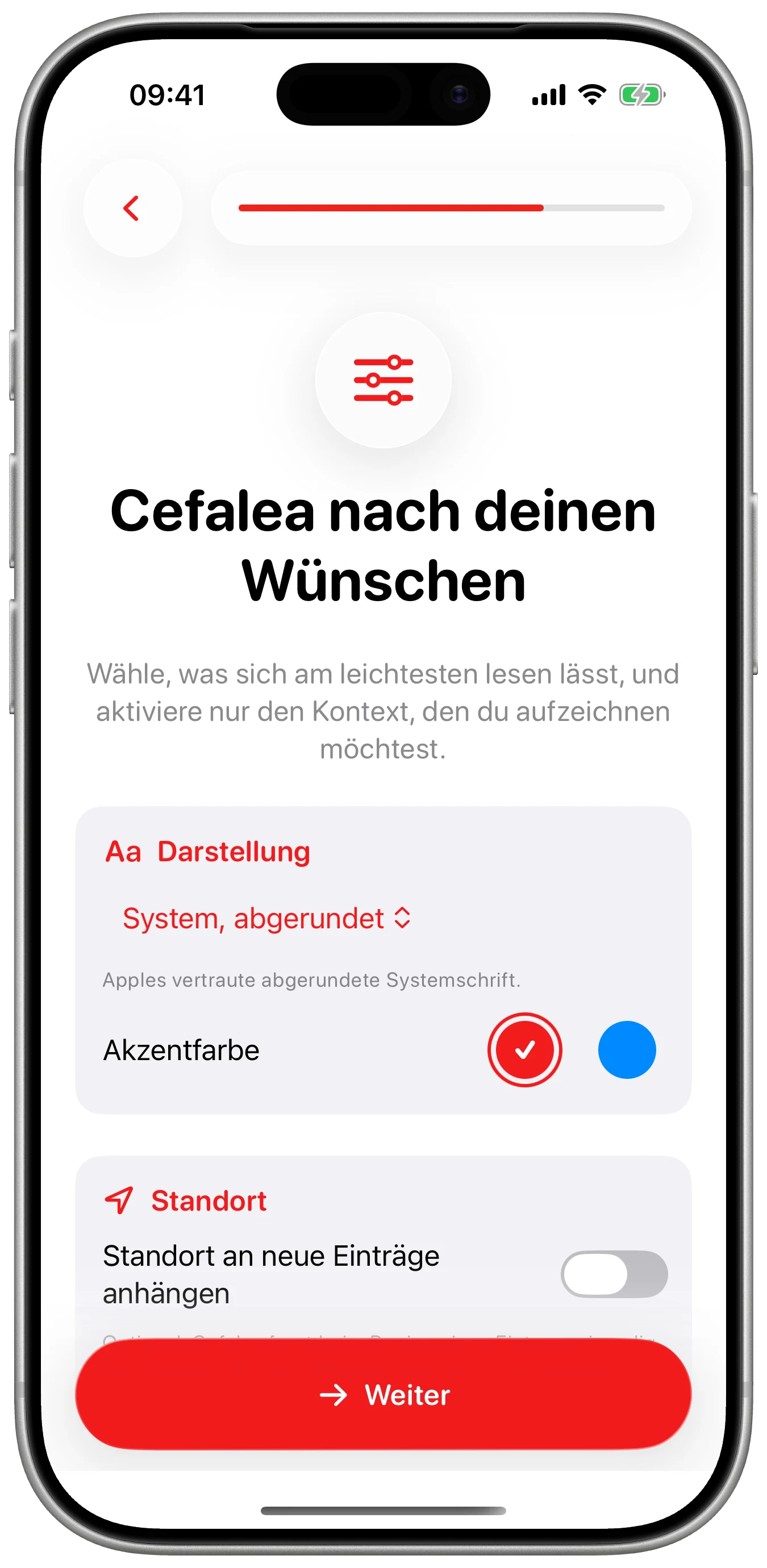 Einstellungen von Anfang an in Cefalea für iPhone