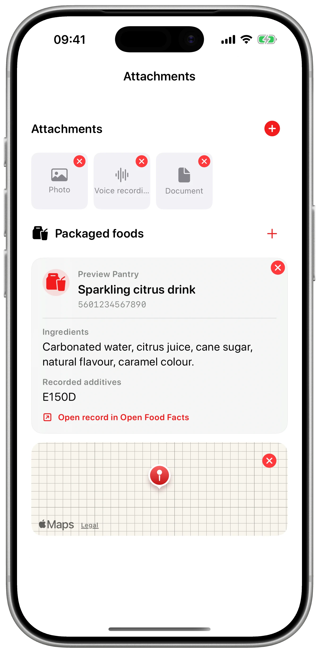 Photo, voice, file and place shown in Cefalea for iPhone