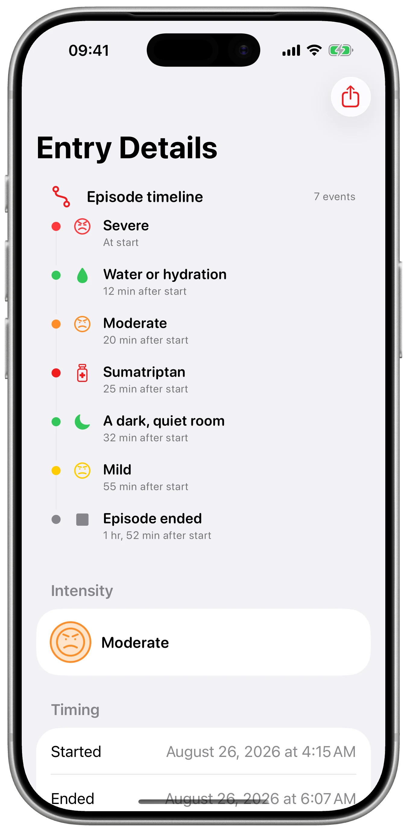 One episode as a timeline shown in Cefalea for iPhone