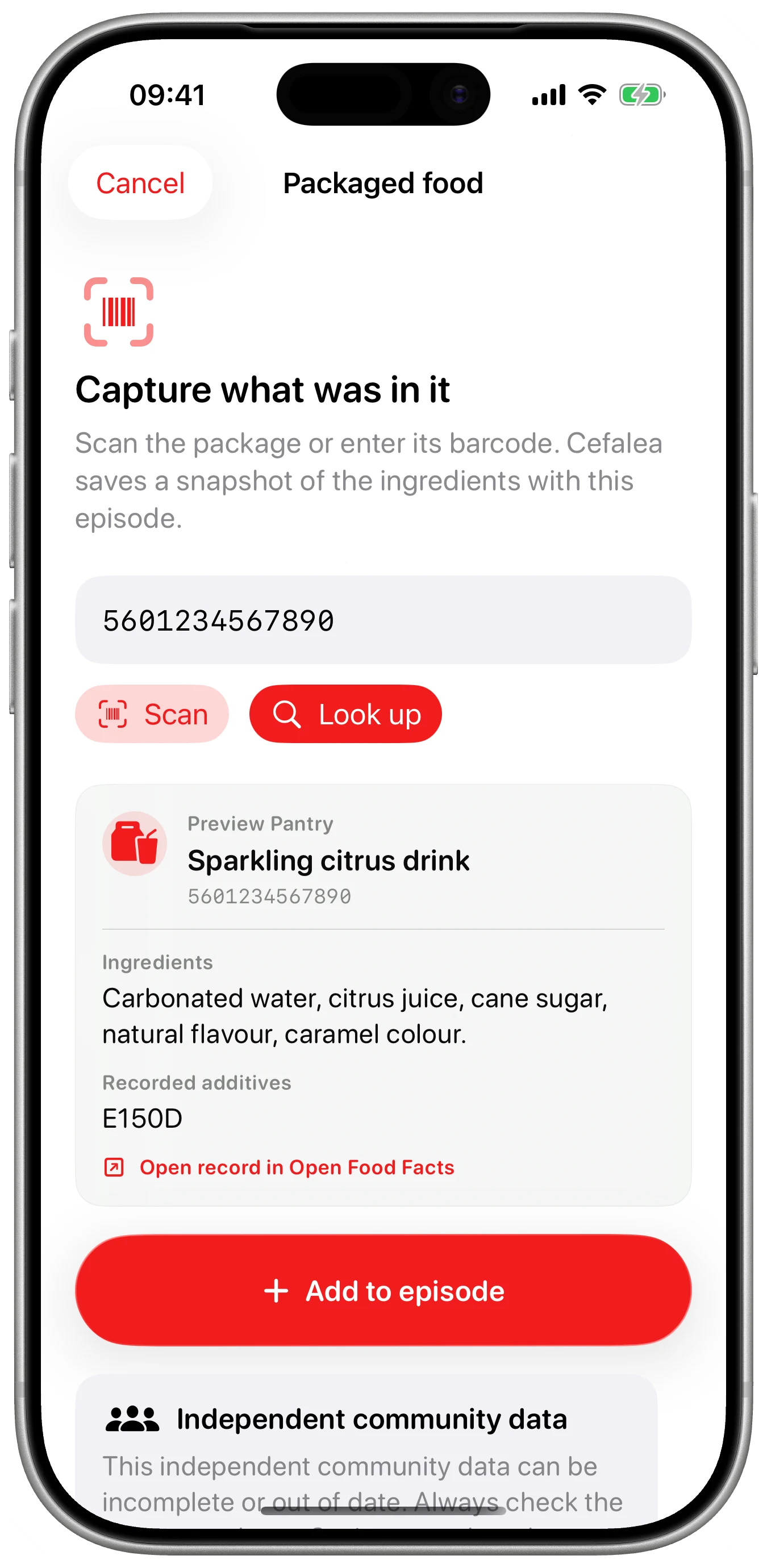 Ingredients saved with the episode shown in Cefalea for iPhone