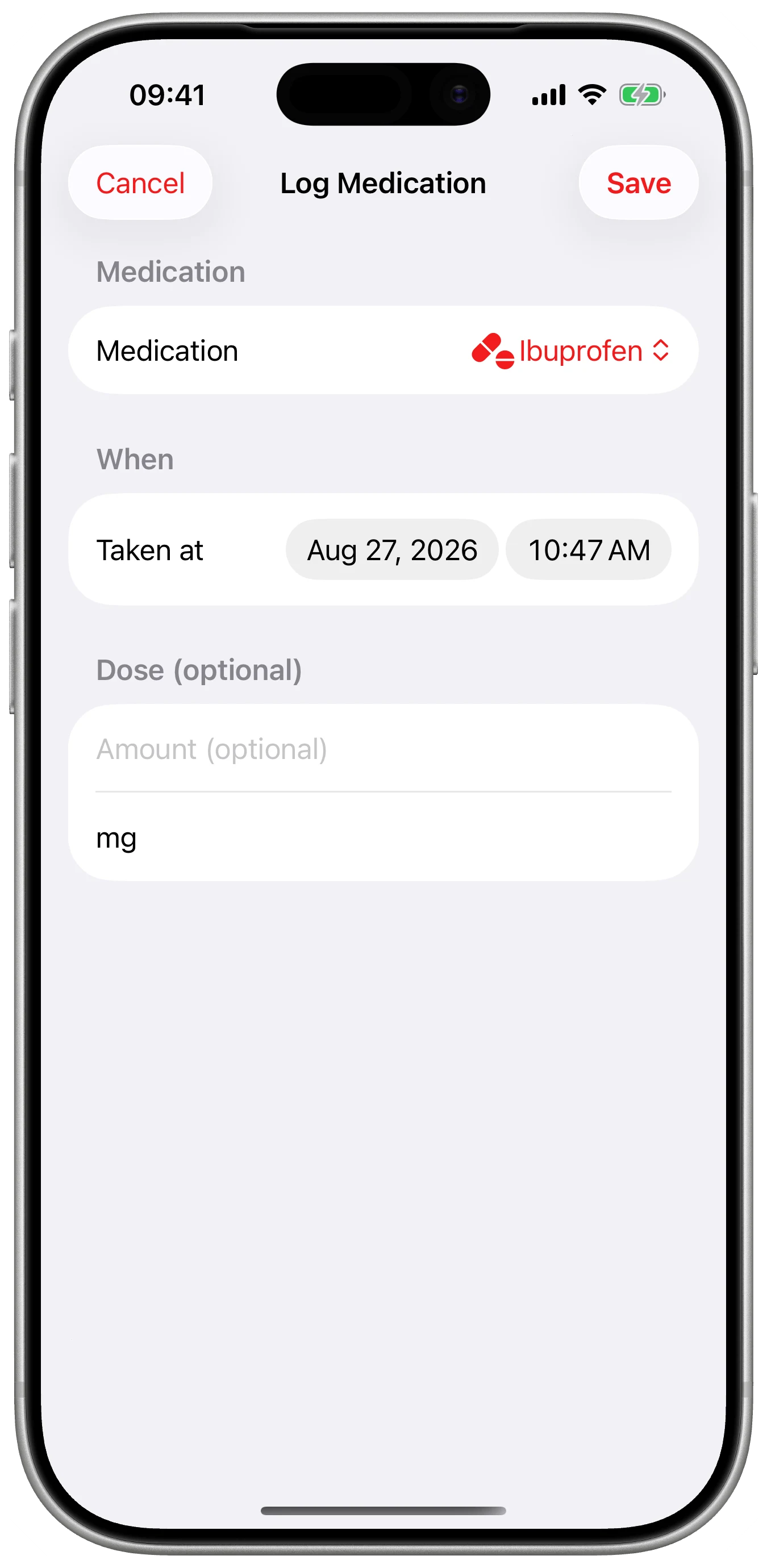 Medication at the right time shown in Cefalea for iPhone