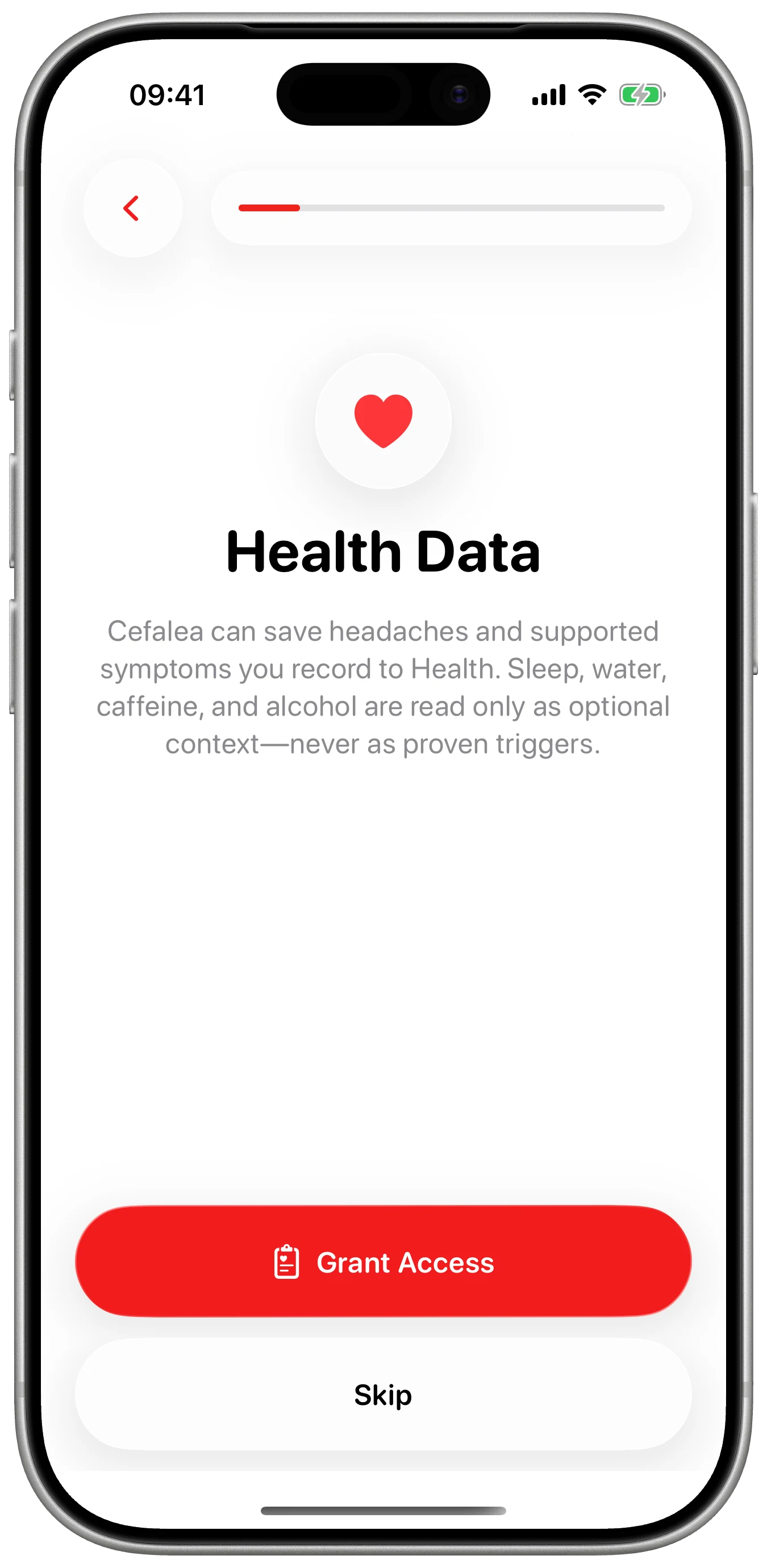 Health, only with permission shown in Cefalea for iPhone