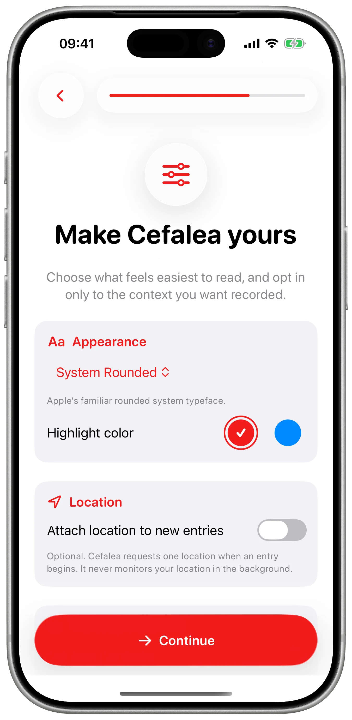 Preferences from the start shown in Cefalea for iPhone