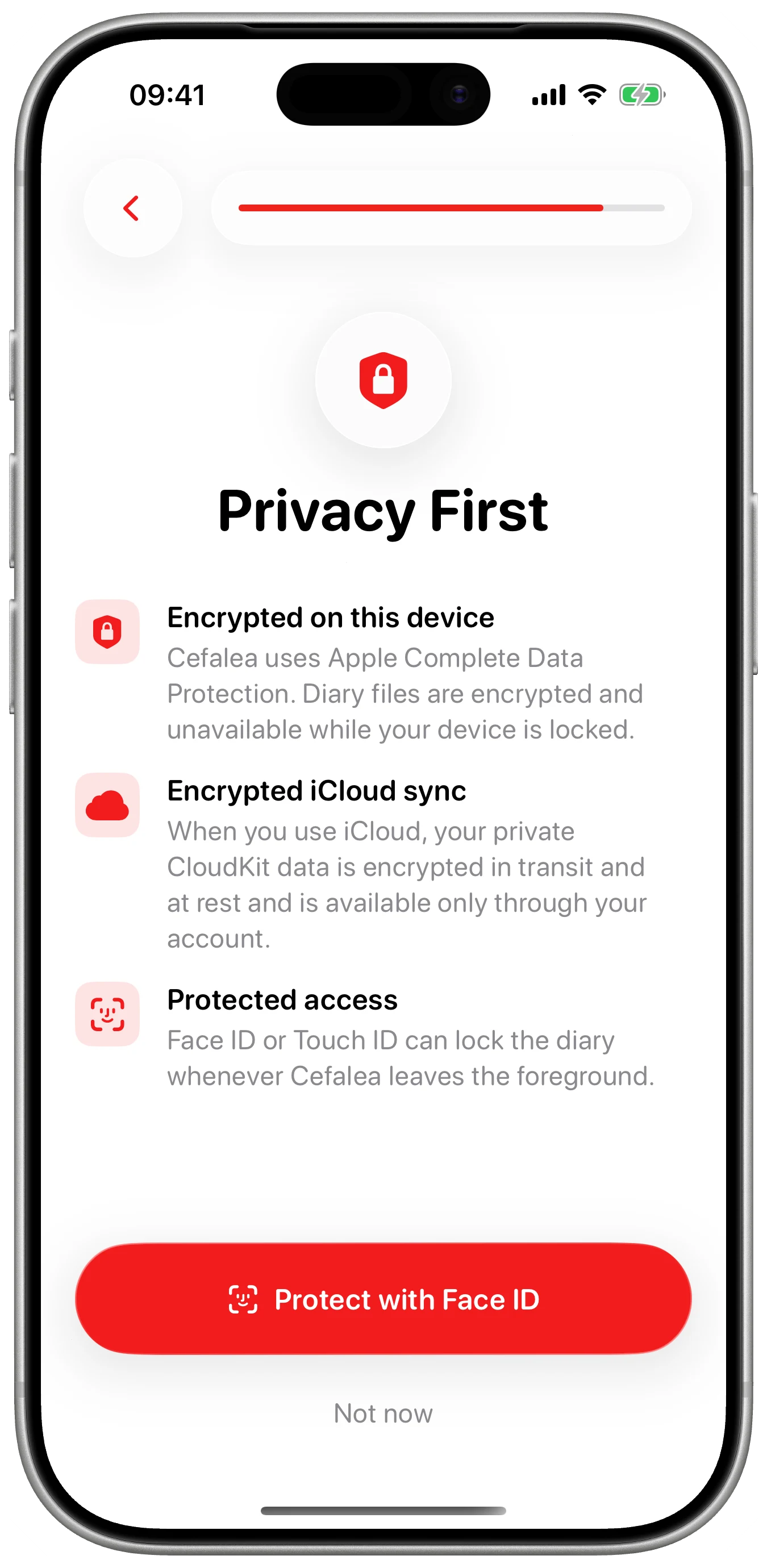 Privacy explained plainly shown in Cefalea for iPhone