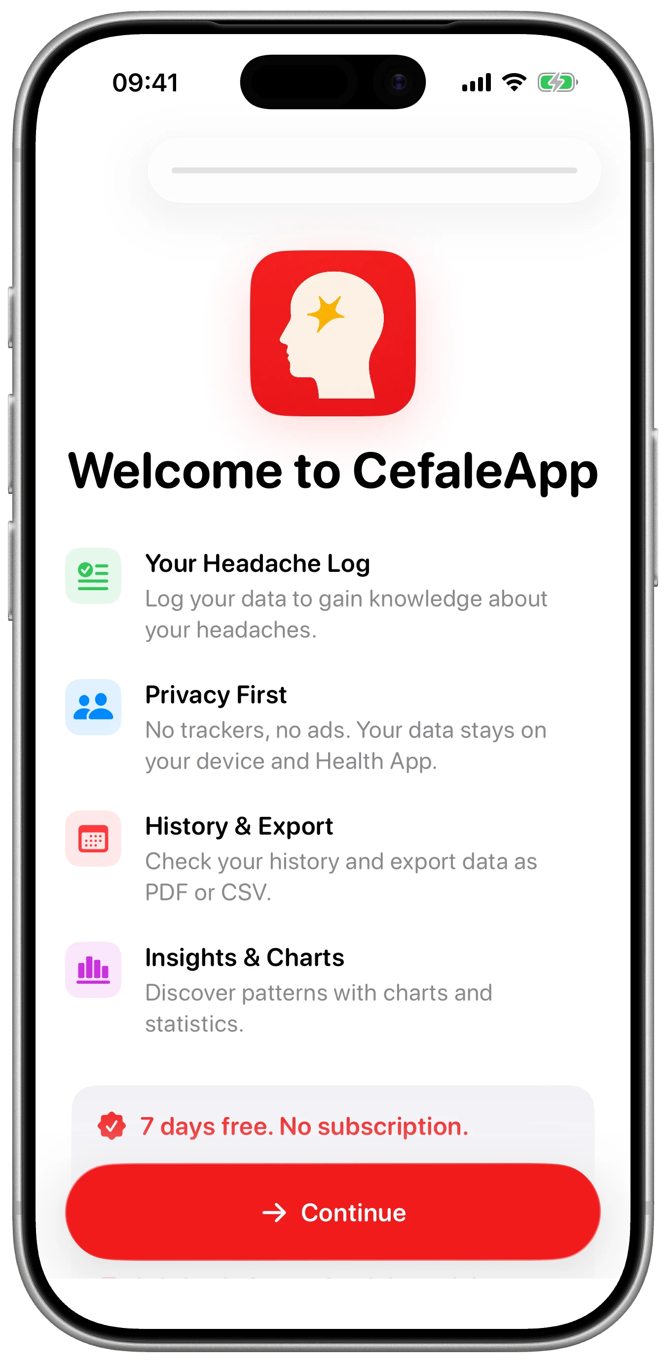 A calm welcome shown in Cefalea for iPhone