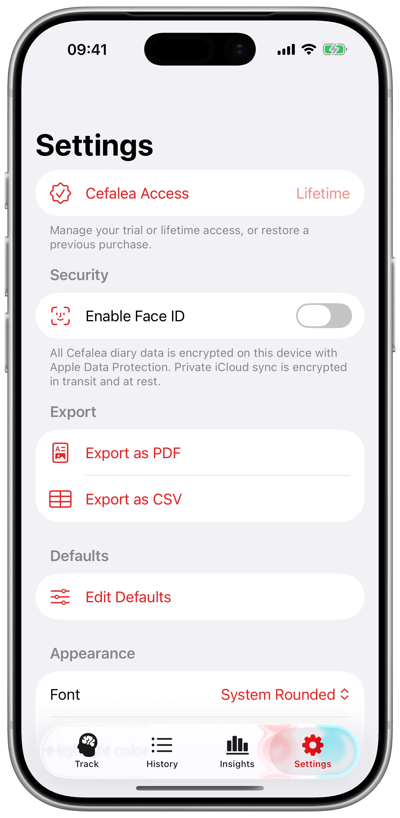 The app, made yours shown in Cefalea for iPhone