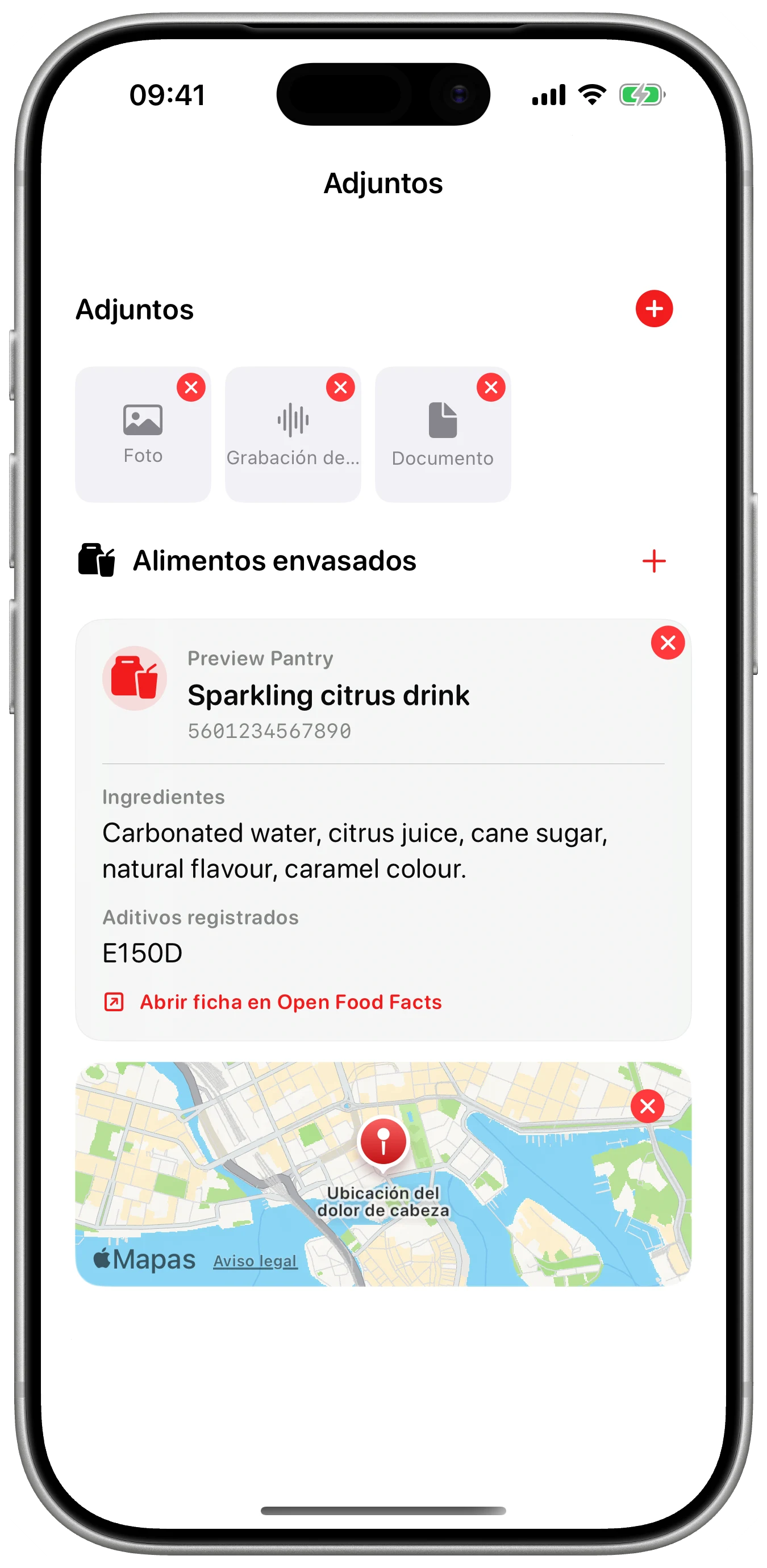 Foto, voz, archivo y lugar en Cefalea para iPhone