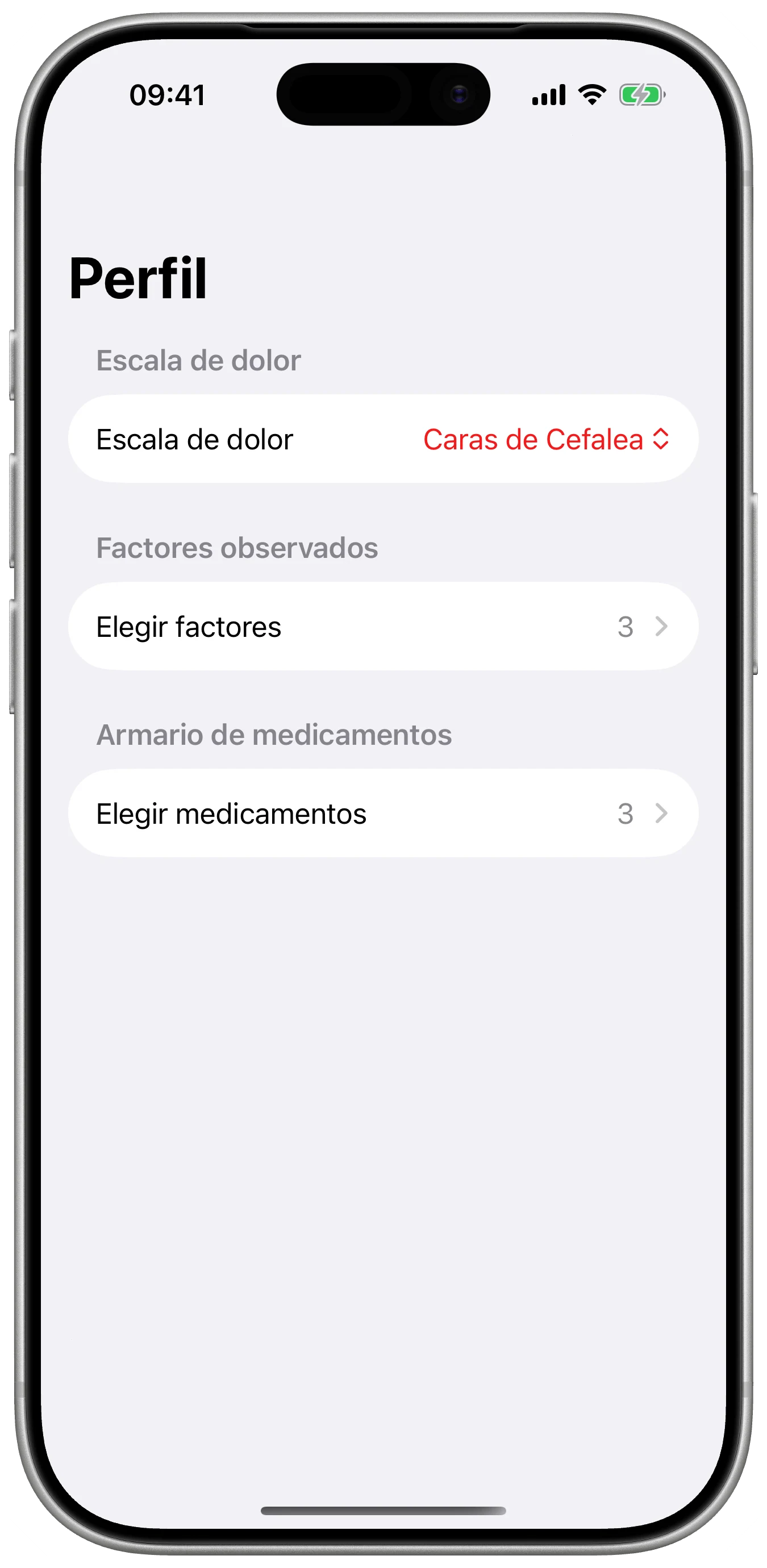 Tus valores, sin trabajo repetido en Cefalea para iPhone