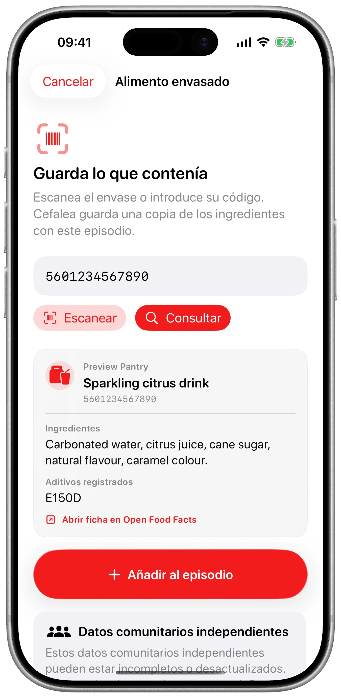 Ingredientes guardados con el episodio en Cefalea para iPhone