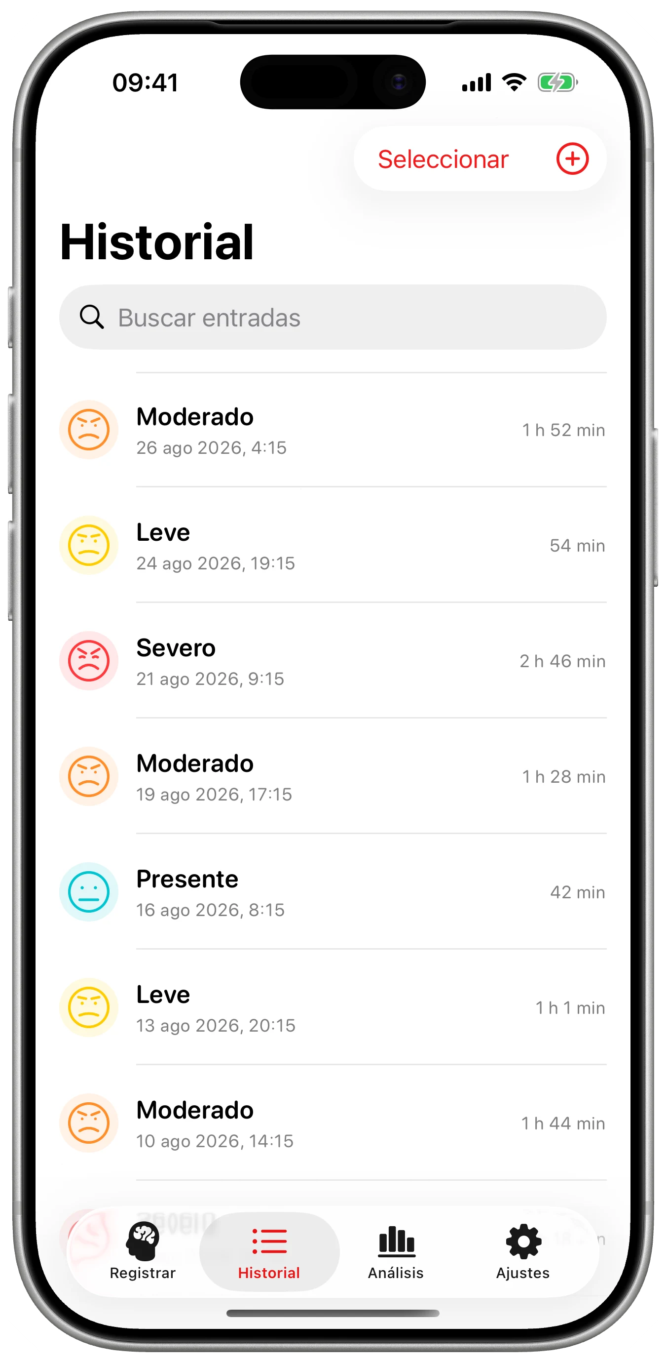 Un historial que merece estar vacío en Cefalea para iPhone