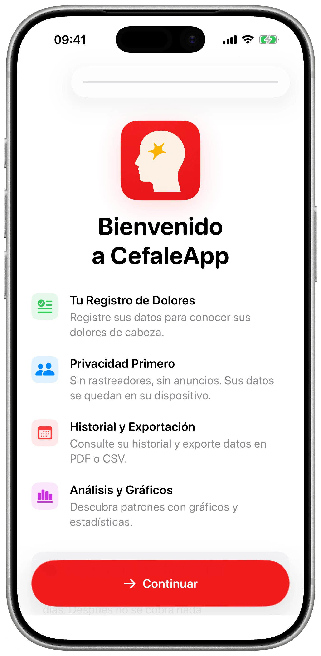 Una bienvenida tranquila en Cefalea para iPhone
