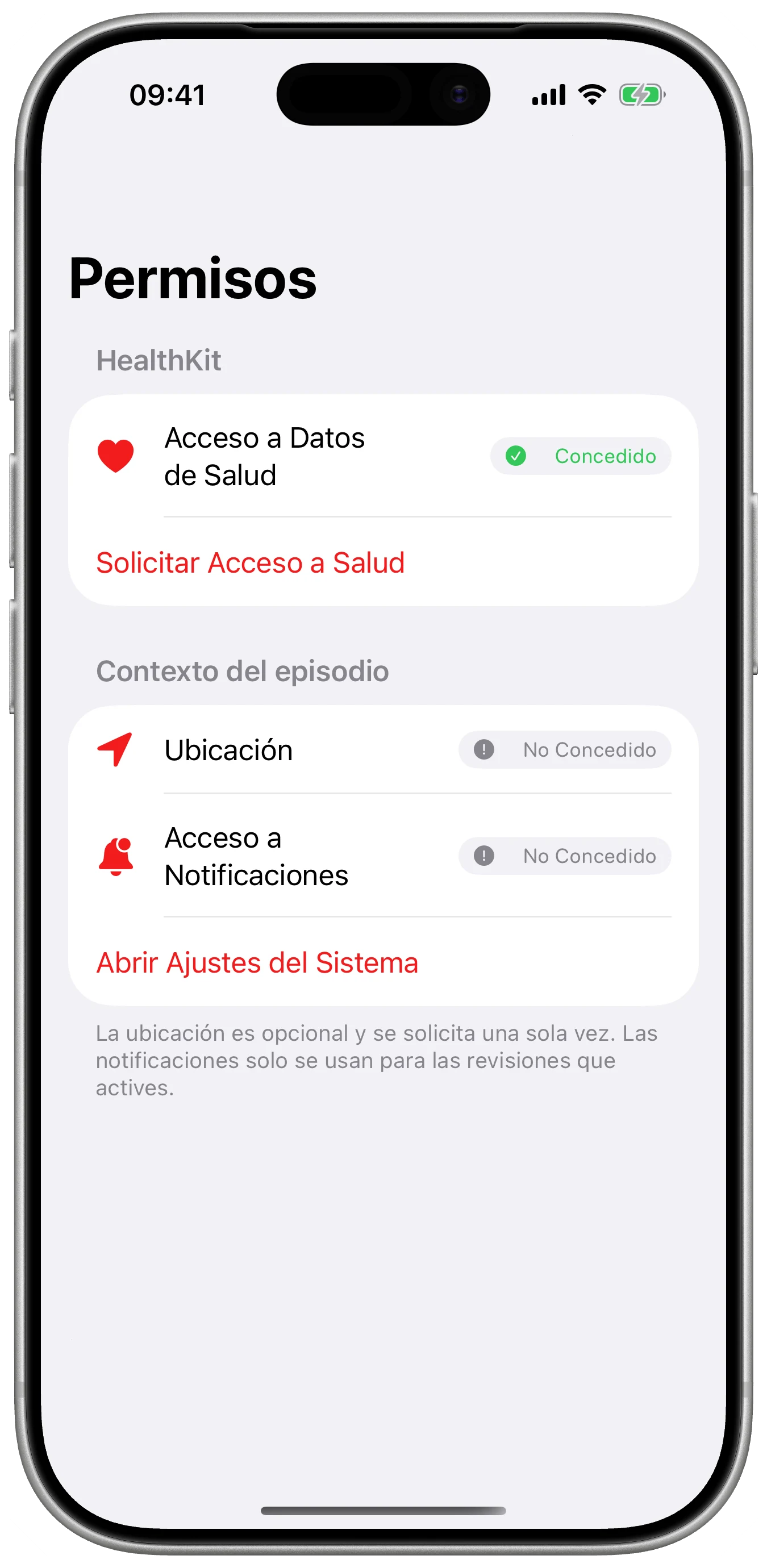 Permisos siempre visibles en Cefalea para iPhone