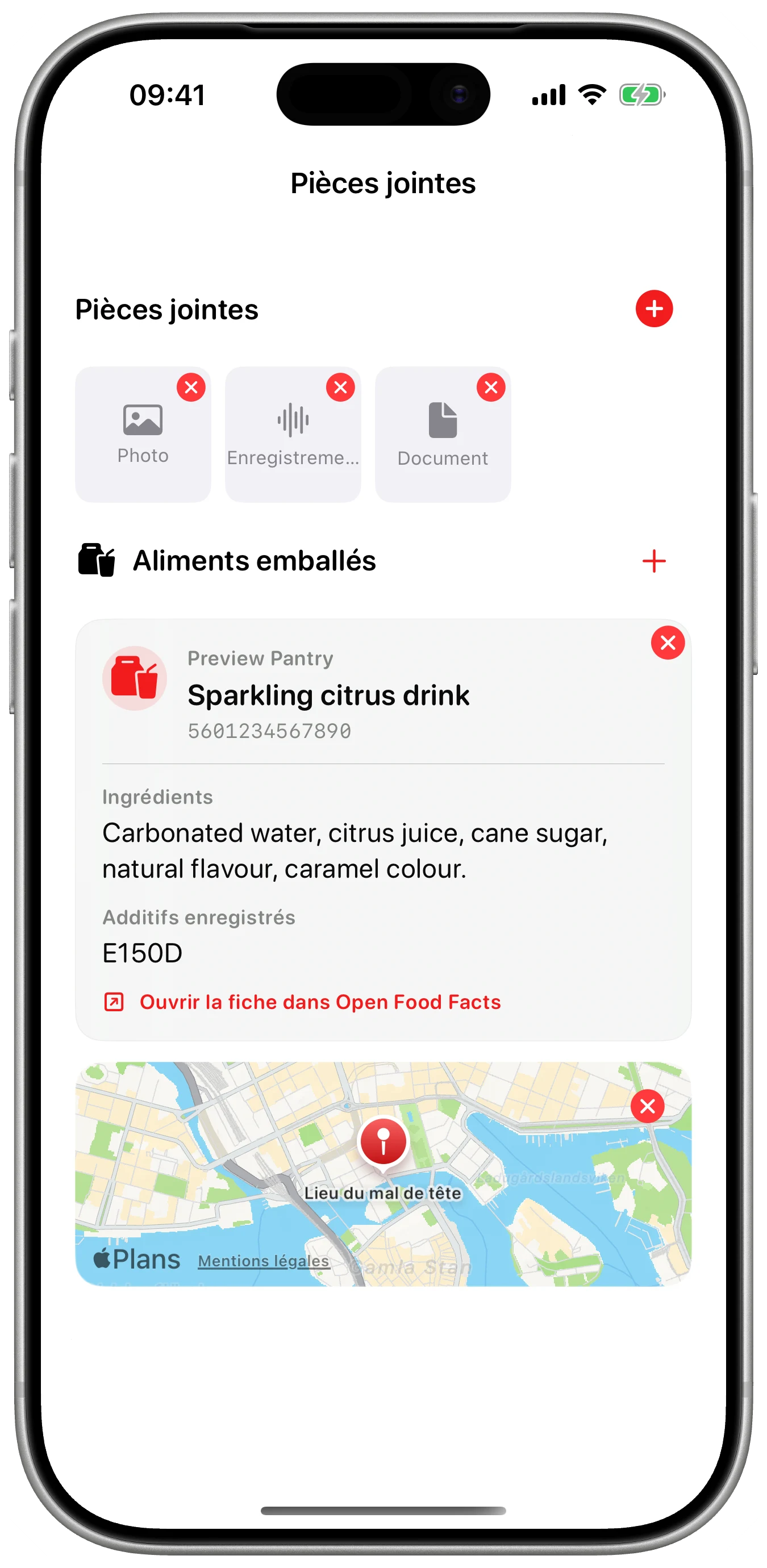 Photo, voix, fichier et lieu dans Cefalea pour iPhone