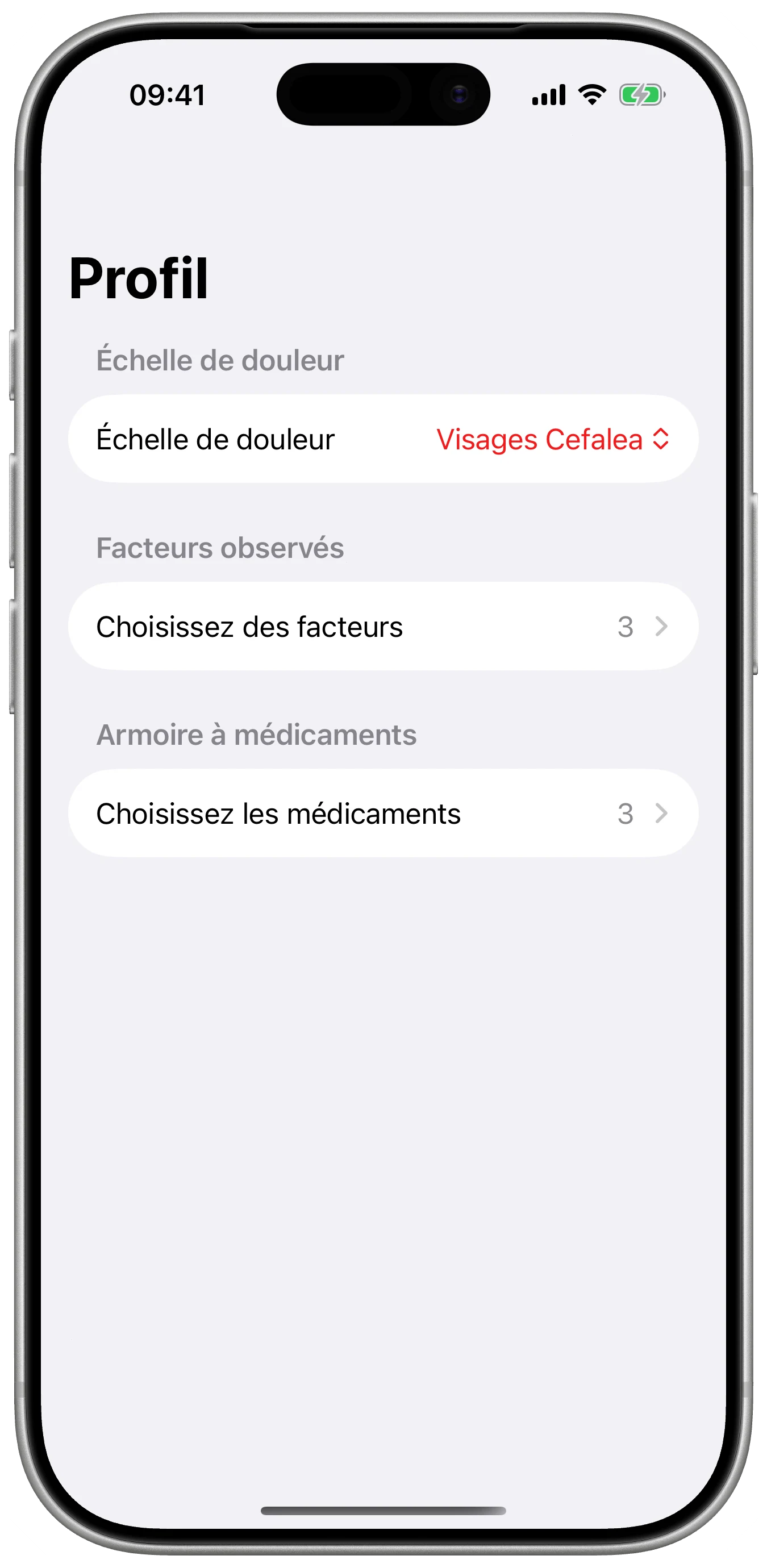 Vos valeurs, sans répétition dans Cefalea pour iPhone