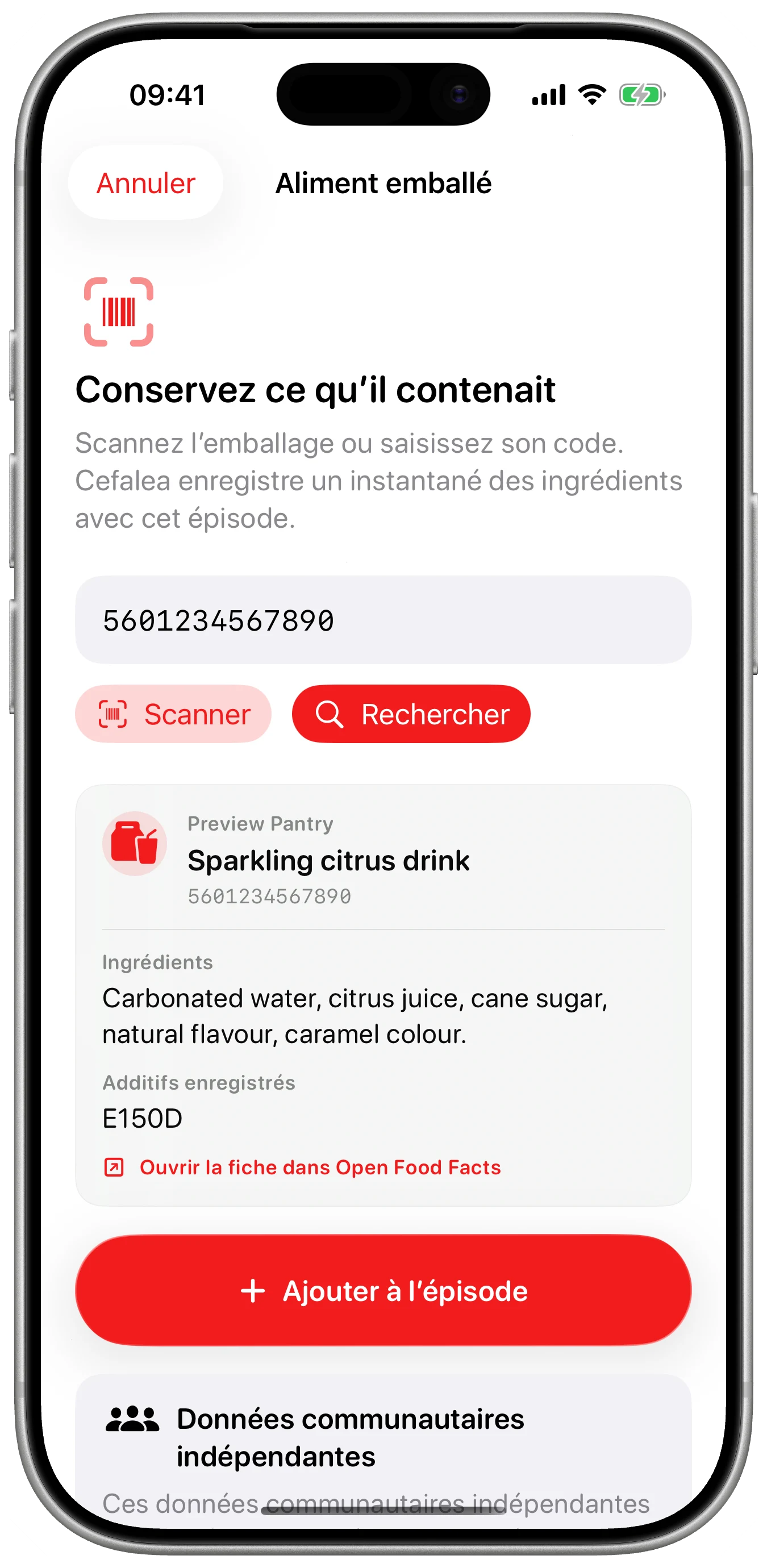 Les ingrédients liés à l’épisode dans Cefalea pour iPhone