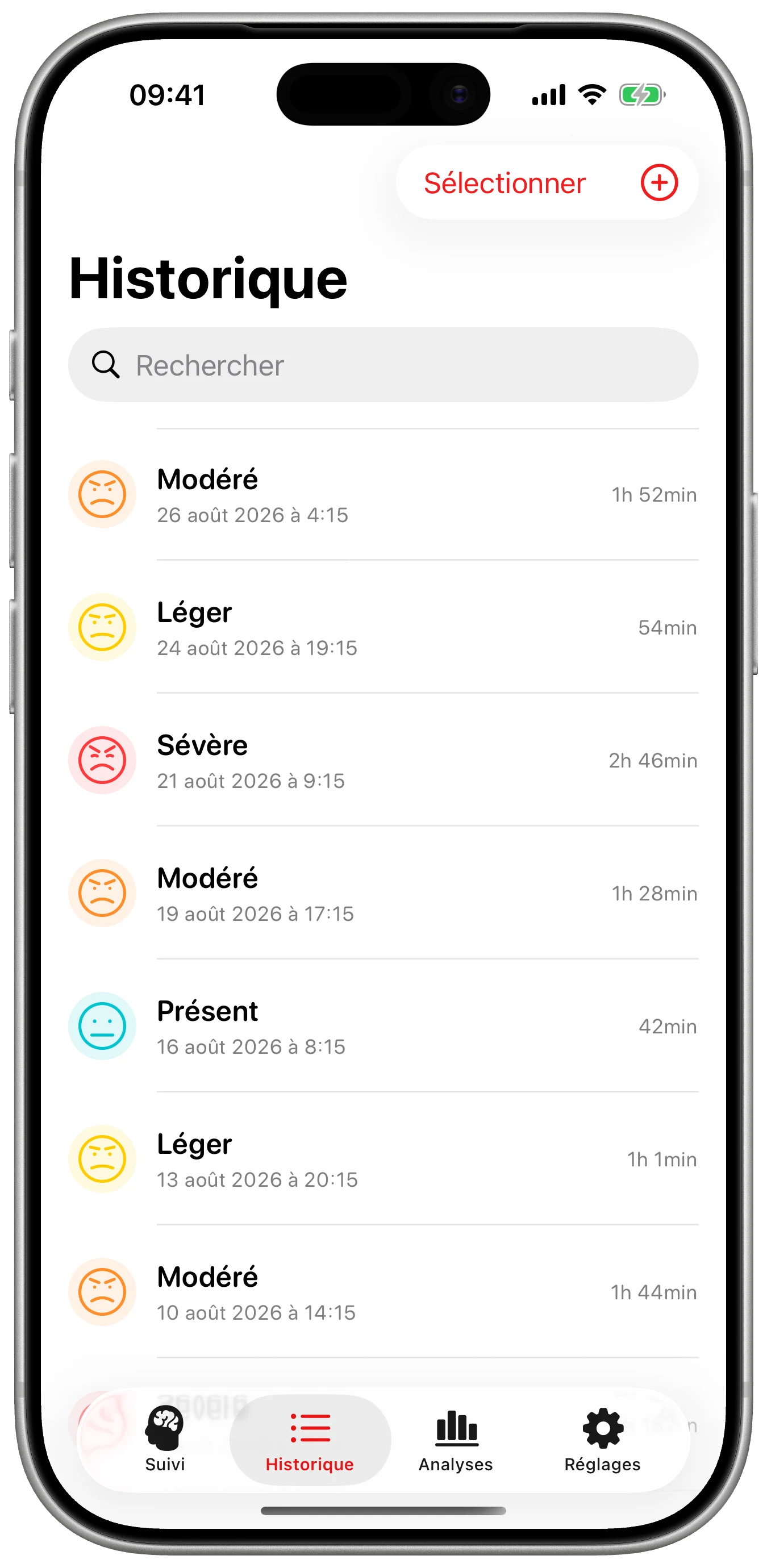 Un historique que l’on souhaite vide dans Cefalea pour iPhone