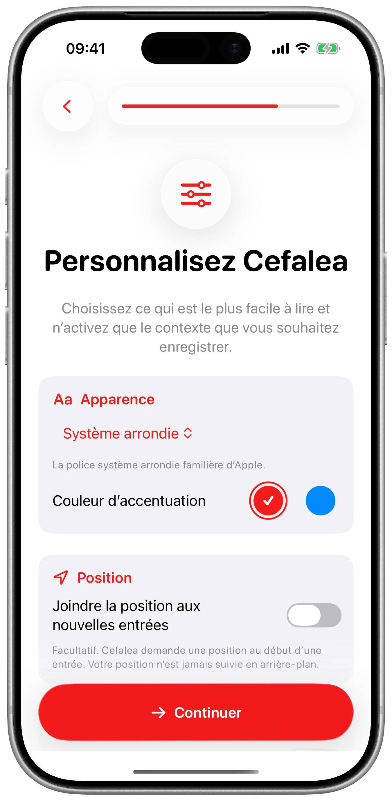 Vos préférences dès le départ dans Cefalea pour iPhone