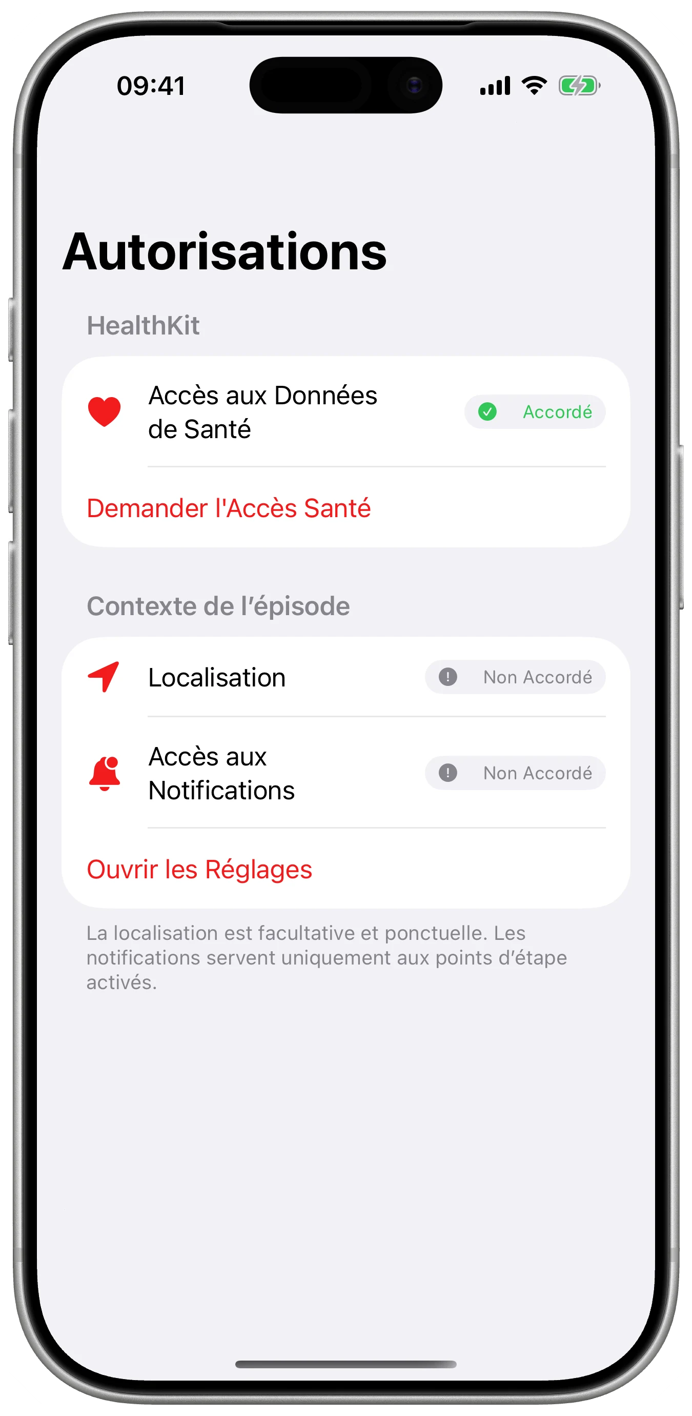 Des autorisations toujours visibles dans Cefalea pour iPhone