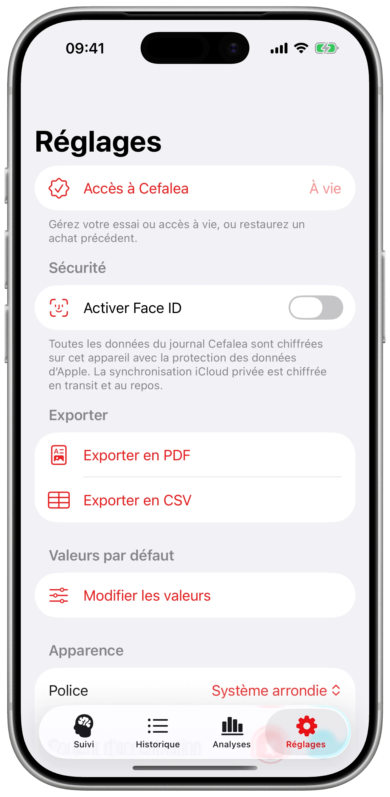 L’app à votre façon dans Cefalea pour iPhone