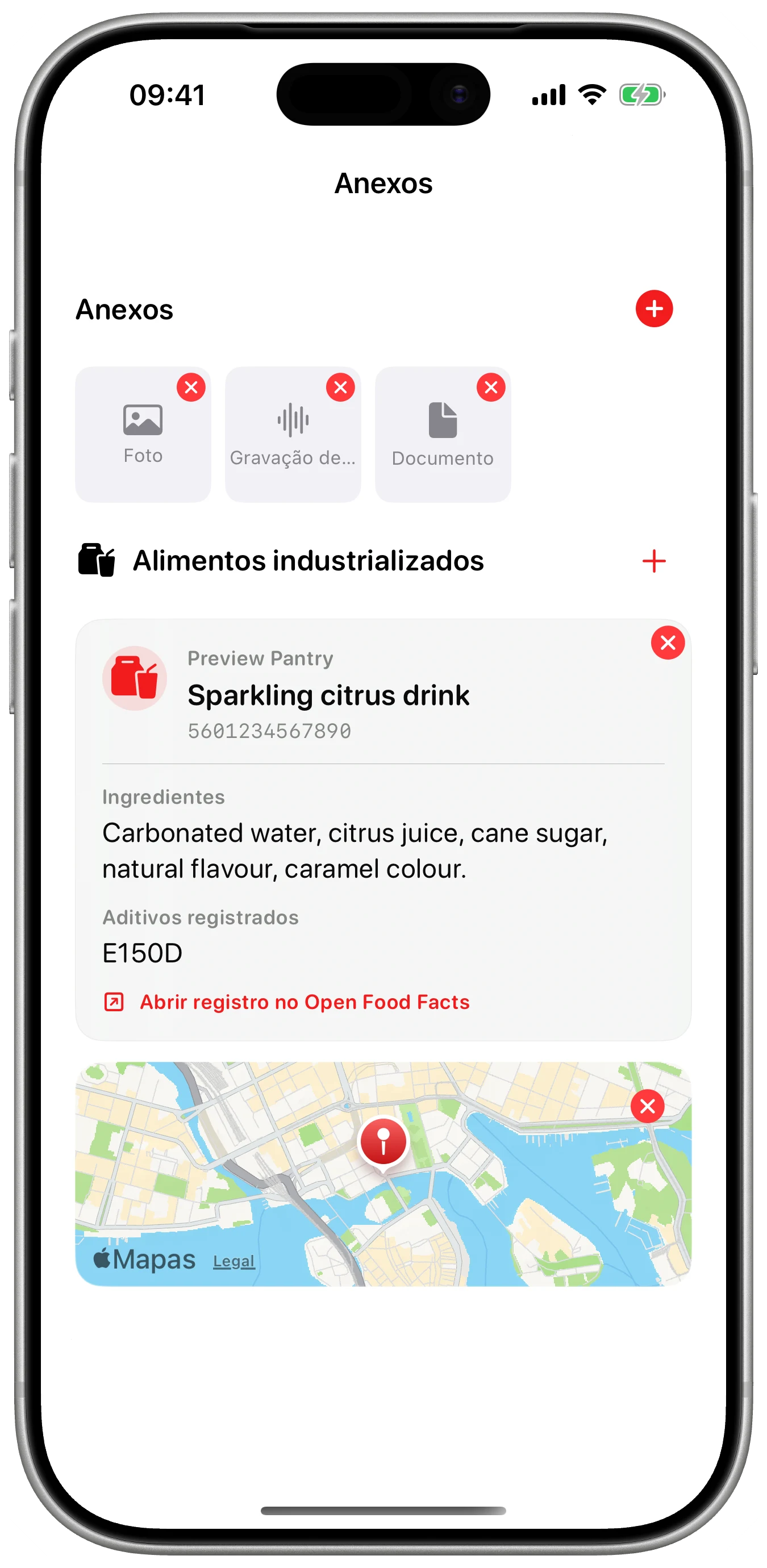 Foto, áudio, arquivo e lugar no Cefalea para iPhone
