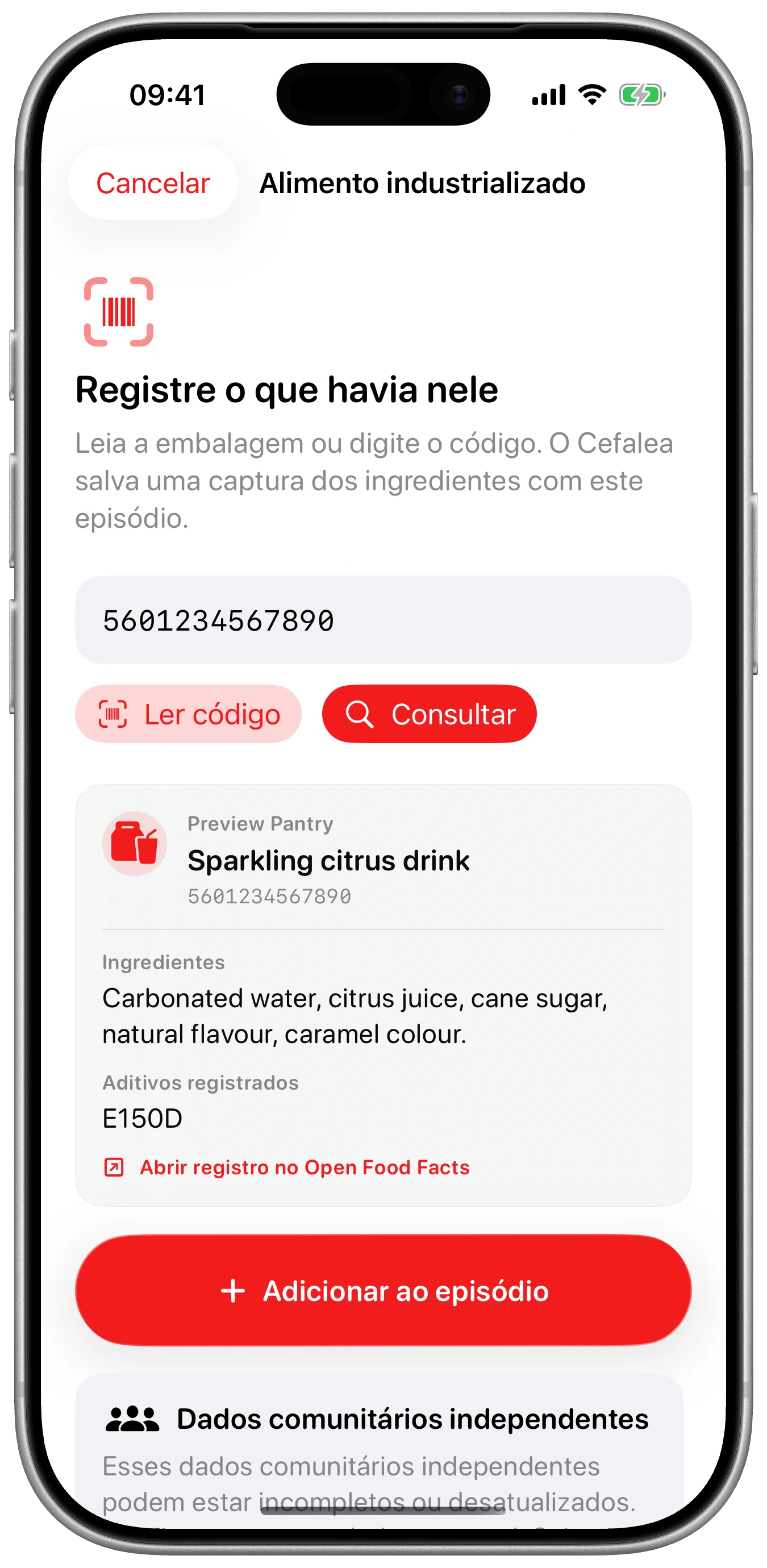 Ingredientes salvos no episódio no Cefalea para iPhone