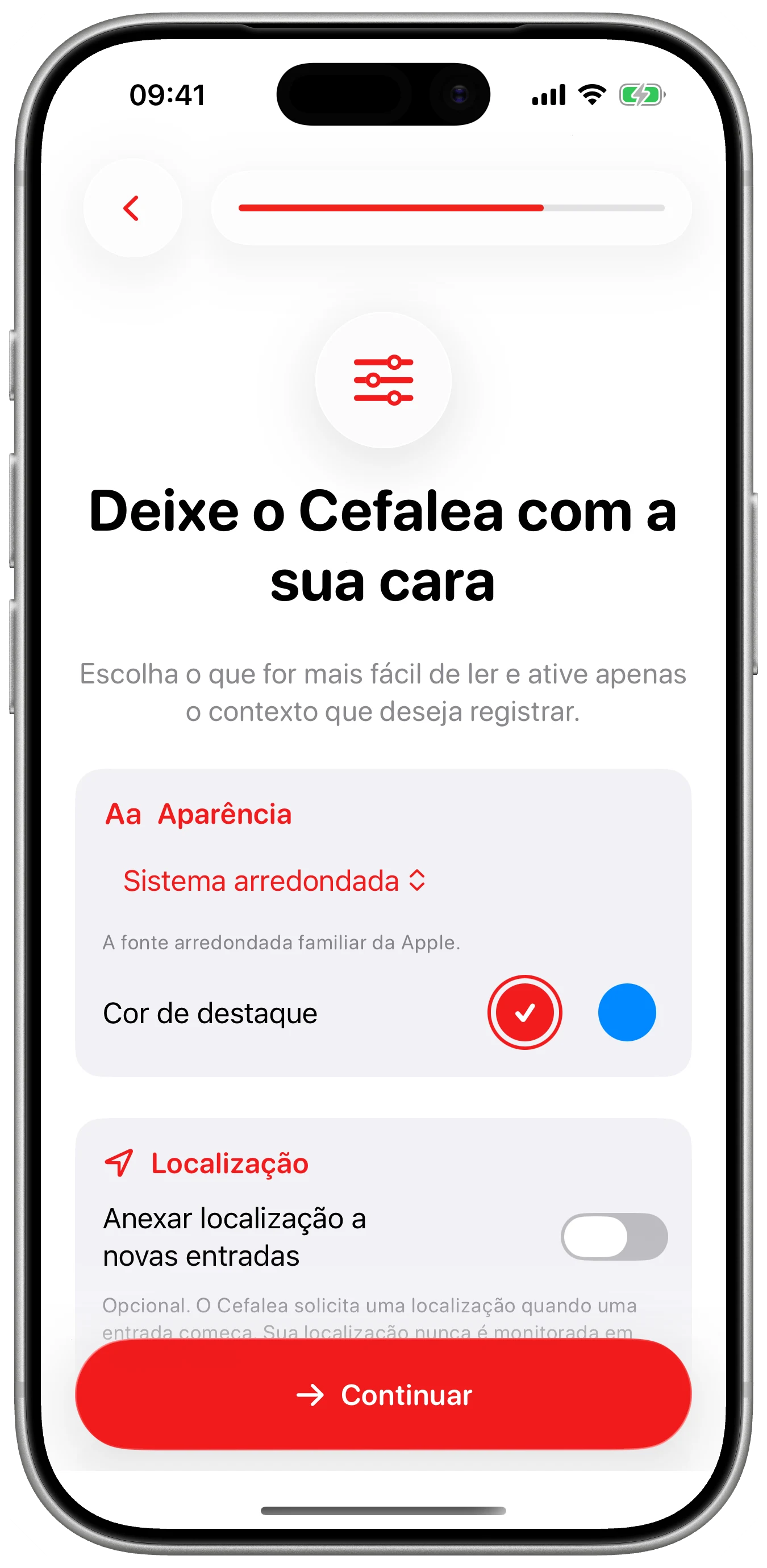 Preferências desde o início no Cefalea para iPhone