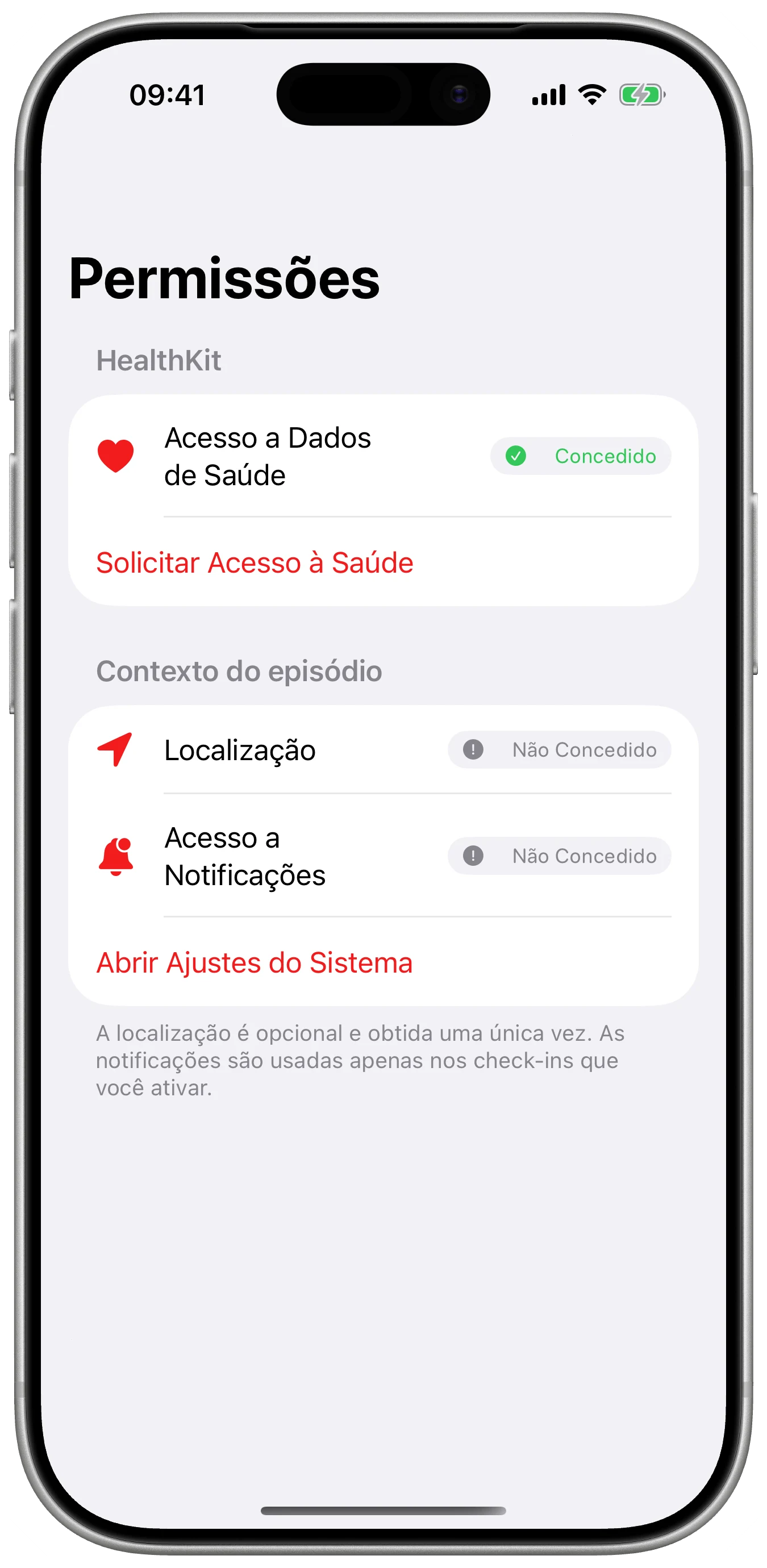 Permissões sempre visíveis no Cefalea para iPhone