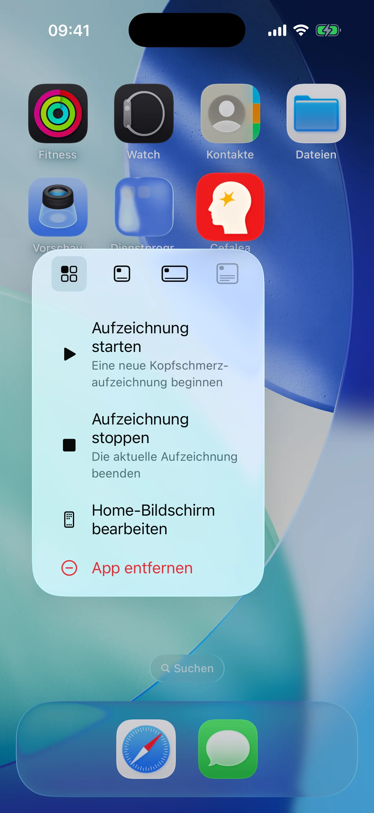 Über das App-Symbol starten oder stoppen in Cefalea für iPhone