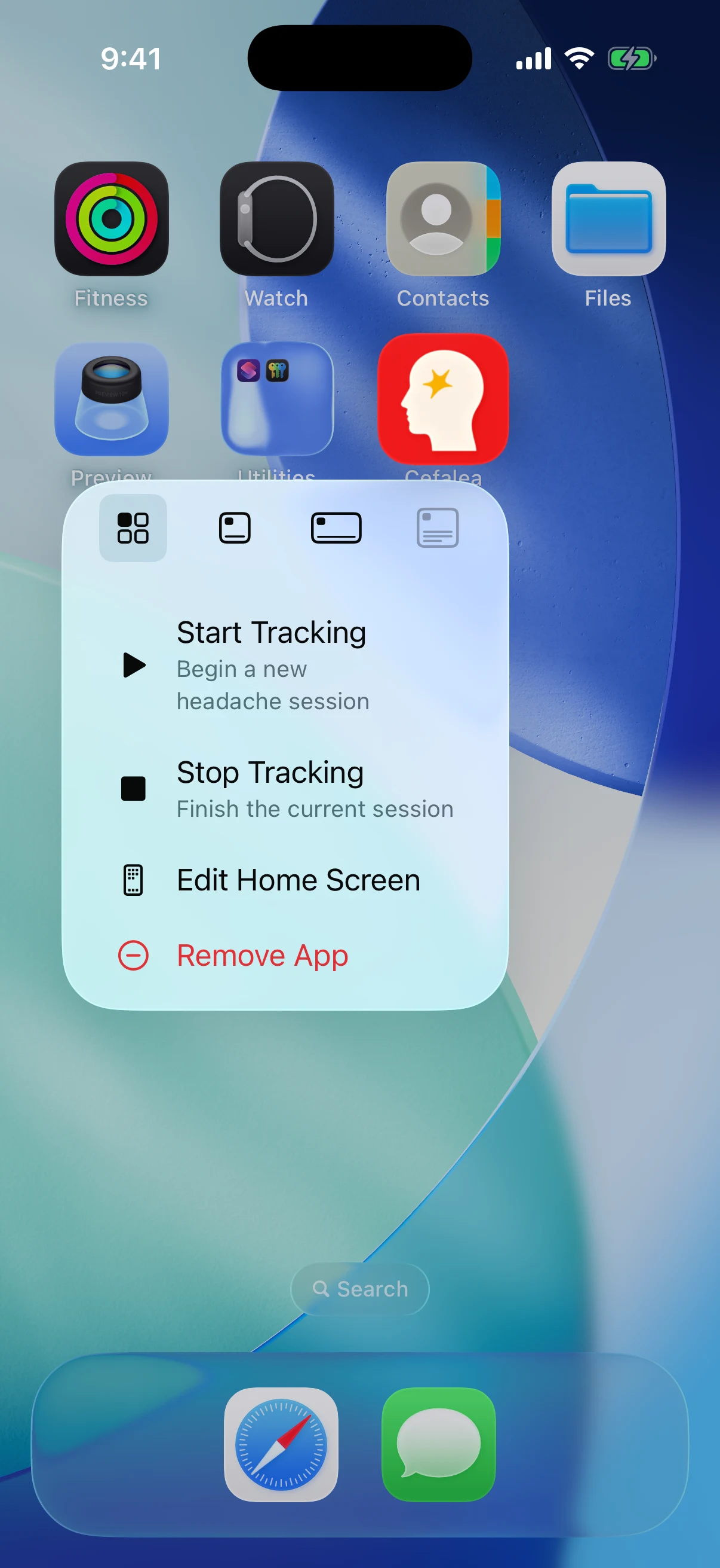 Start and stop from the app icon shown in Cefalea for iPhone