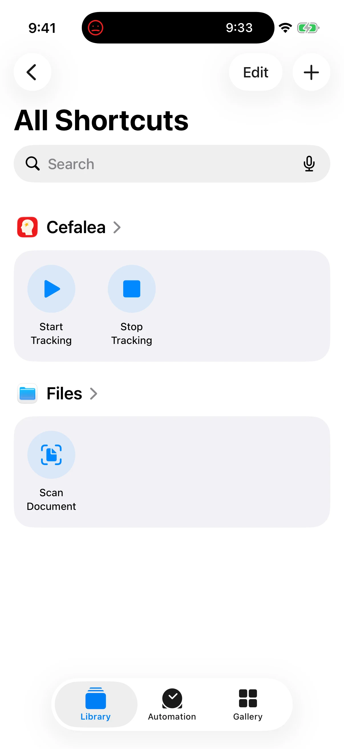 Shortcuts, Siri and Apple Intelligence shown in Cefalea for iPhone