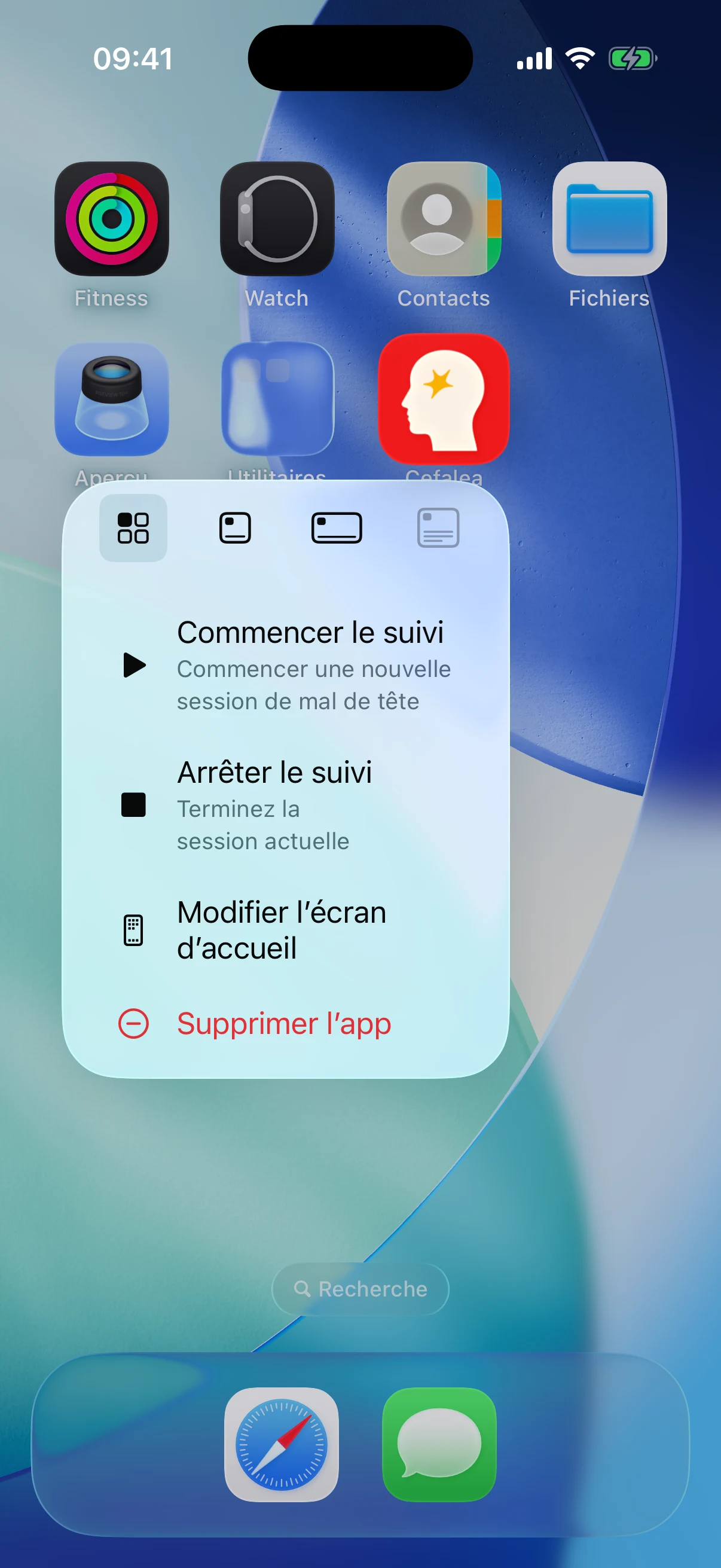 Commencer ou terminer depuis l’icône dans Cefalea pour iPhone