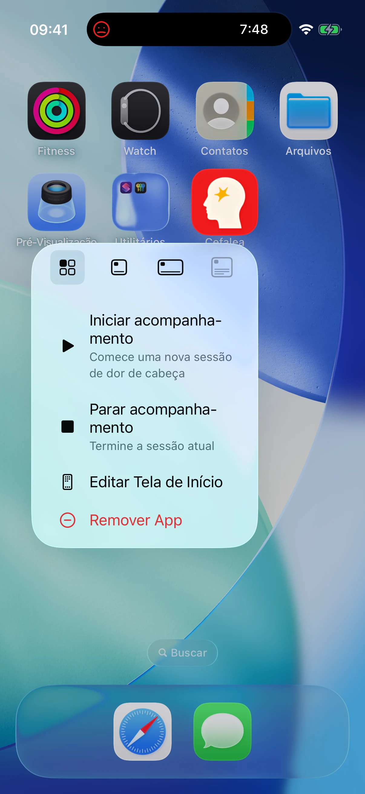Comece ou encerre pelo ícone no Cefalea para iPhone